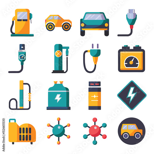 vector icons to vehicle fueling and charging a gasoline pump, an electric vehicle plug hydrogen mole