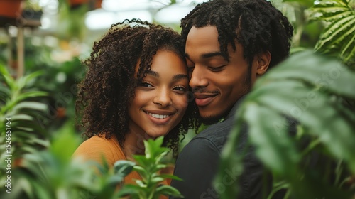 A happy couple embraces surrounded by lush green plants, sharing an intimate and joyful moment in a natural setting.