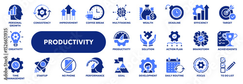 Set of vector solid icons related to productivity and efficiency, personal growth and success, workflow performance. Symbols for website or app UI, logo design, illustration