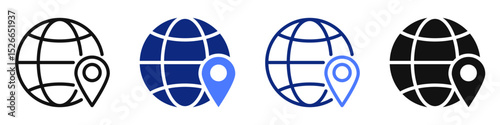 Vector icon or logo of globe with map pin related to navigation and location, GPS positioning, travel and tourism. Symbols for website or app UI, logo design, illustration