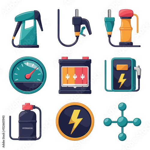 vector icons to vehicle fueling and charging a gasoline pump, an electric vehicle plug hydrogen mole