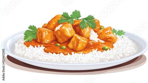 Delicious Chicken Curry on a Bed of Steamed Rice Garnished with Fresh Coriander Leaves