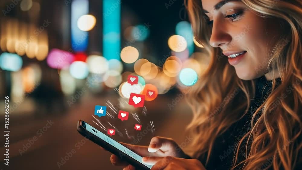 blonde woman using smartphone with floating social media engagement icons at night with colorful city lights bokeh background
