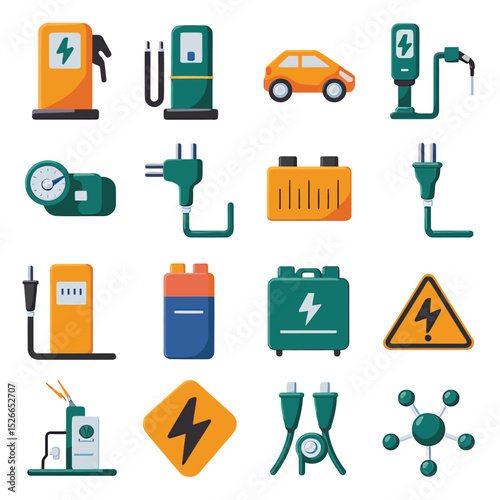vector icons to vehicle fueling and charging a gasoline pump, an electric vehicle plug hydrogen mole
