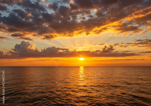 Stunning ocean sunset with vibrant golden cloudscape and sun rays breaking through