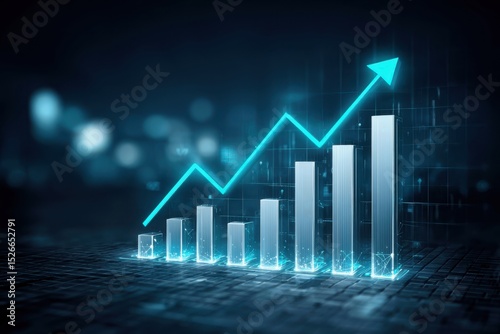 Concept of creating innovation in financial data analysis. A glowing blue 3D bar chart with an upward trending arrow, symbolizing growth, progress, and success in a futuristic digital environment.