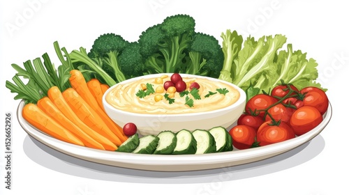 Colorful Plate of Fresh Vegetables and Creamy Hummus Spread on a White Serving Dish