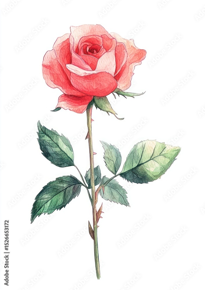 Obraz premium Pink-red rose with leaves and stem art illustration flower.