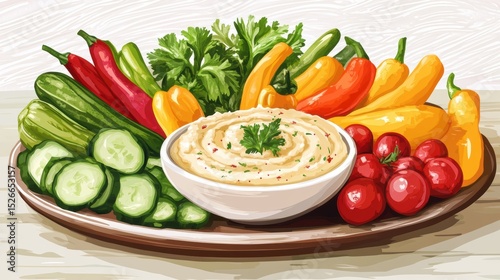 Fresh and Vibrant Platter of Colorful Vegetables with Creamy Dip Ready for Healthy Snacking or Meal Preparation at a Rustic Kitchen Table