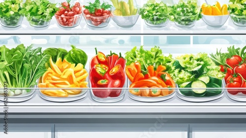 Fresh and Colorful Vegetable Display in Refrigerator with Vibrant Greens, Red Peppers, Cucumbers, and Various Fresh Produce in Clear Containers