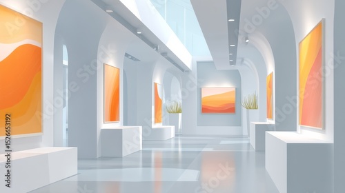 Interior View of a Modern Art Museum Featuring Vibrant Abstract Paintings and Sculptures on Display