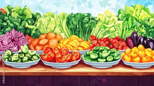 Fresh and Colorful Assortment of Vegetables and Fruits Displayed on a Wooden Table in a Bright Market Setting