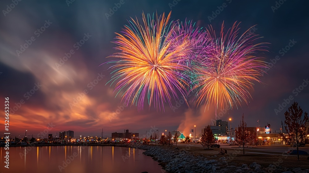 Fototapeta premium A long-exposure shot of fireworks over a small-town baseball field, colorful streaks painting the sky, nostalgic Fourth of July feel