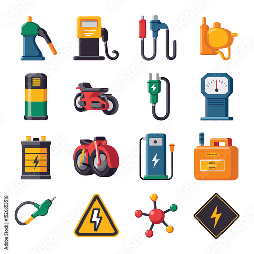 vector icons to vehicle fueling and charging a gasoline pump, an electric vehicle plug hydrogen mole