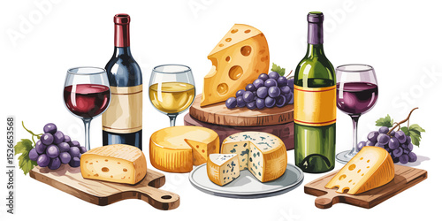 A Watercolor Illustration of Wine, Cheese, and Grapes A Delightful Culinary Composition