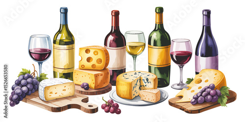 A Watercolor Illustration of Wine and Cheese A Delightful Pairing