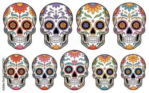 Vibrant Collection of Eight Colorful Mexican Sugar Skulls Day of the Dead Illustrations