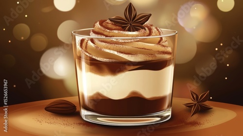 Creamy Dessert in Glass Cup with Chocolate Layers and Whipped Topping Surrounded by Decorative Star Anise on Warm Bokeh Background