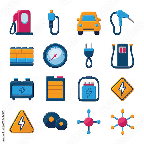 vector icons to vehicle fueling and charging a gasoline pump, an electric vehicle plug hydrogen mole