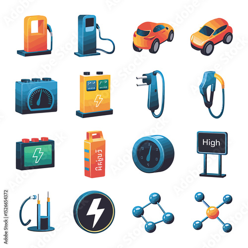 vector icons to vehicle fueling and charging a gasoline pump, an electric vehicle plug hydrogen mole