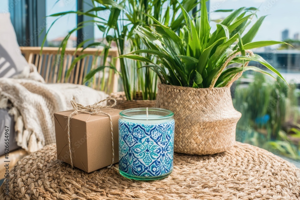 Fototapeta premium Beautiful indoor setting featuring a colorful candle beside a neatly wrapped gift on a decorative table, creating a cozy atmosphere with lush green plants in the background.