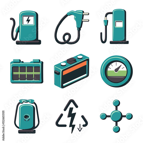 vector icons to vehicle fueling and charging a gasoline pump, an electric vehicle plug hydrogen mole