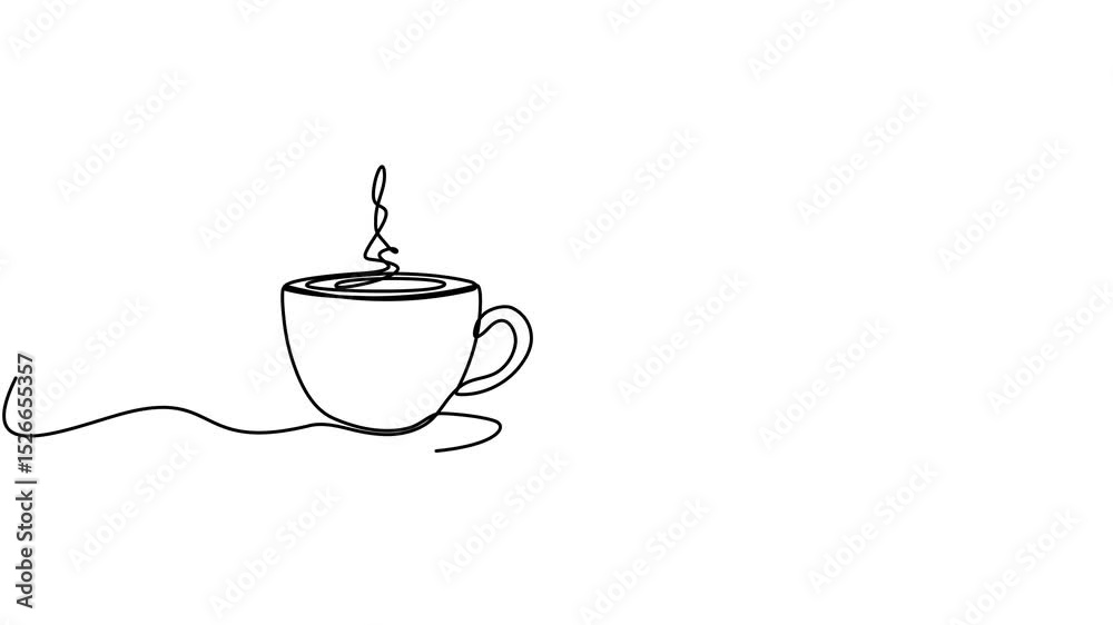 Coffee cup with steam and croissant continuous line drawing animated video. Morning breakfast concept animation.