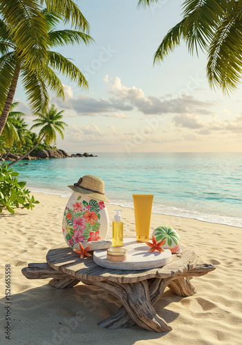 Tropical Beach Paradise: Sun Care Products on Driftwood Table with Palm Trees and Ocean View