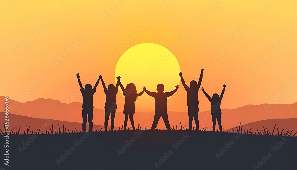 Fototapeta premium Group of People Celebrating Freedom at Sunset Scenic Landscape Backdrop