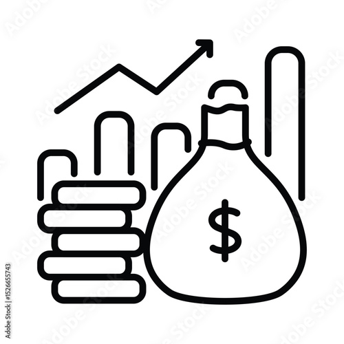 Financial growth concept with money bag, dollar sign, coins, graph, and arrow symbol. Ideal for finance, investment, success, and economy themed designs.