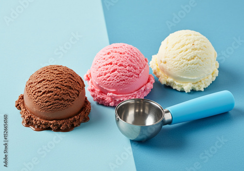 Delicious scoops of chocolate, strawberry, and vanilla ice cream rest on a vibrant blue background, perfect for summer treats and dessert menus.
