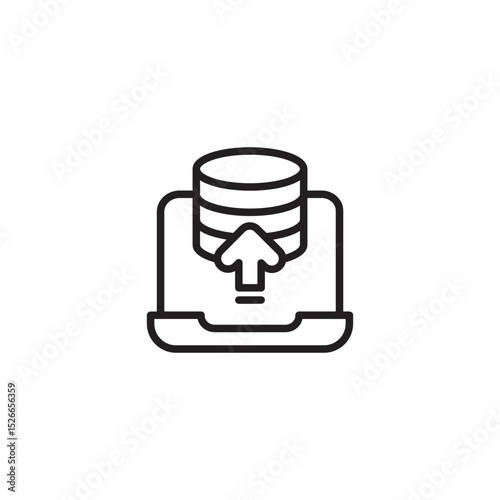 A black outline icon showing a laptop with a stack of coins or disks and an upward arrow emerging from its screen, symbolizing database upload, data transfer, or cloud storage.