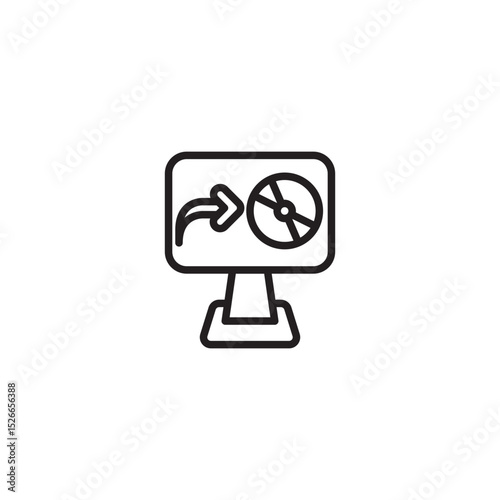 A black outline icon of a computer monitor displaying a steering wheel and a right-pointing curved arrow, suggesting a simulator, driving games, or control interface.