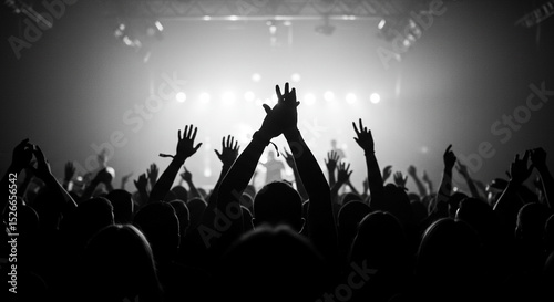 Energetic Concert Crowd Silhouettes with Raised Hands at a Live Music Event