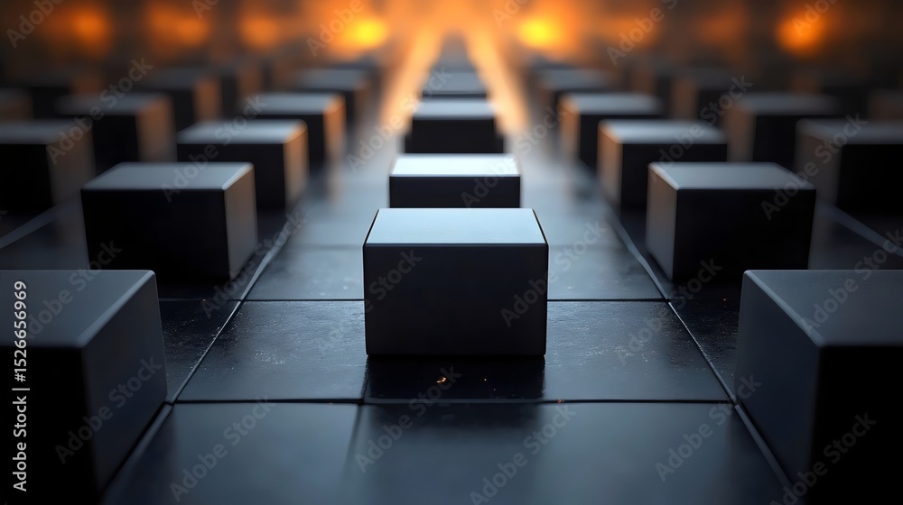 Obraz premium A modern perspective on cubes in a row, with an orange glow in the distance.