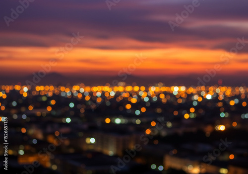 Serene Sunset Cityscape Bokeh Lights Blurred Urban Skyline Dusk Glow