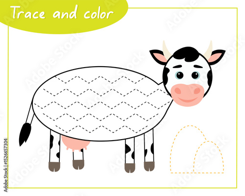Trace and color cow. Connect the lines. Hand Trainer. Recipe for children.