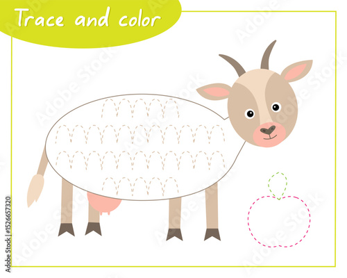 Trace and color goat. Connect the lines. Hand Trainer. Recipe for children.