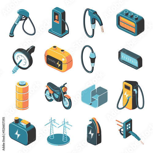 vector icons to vehicle fueling and charging a gasoline pump, an electric vehicle plug hydrogen mole