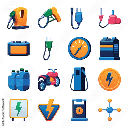 vector icons to vehicle fueling and charging a gasoline pump, an electric vehicle plug hydrogen mole