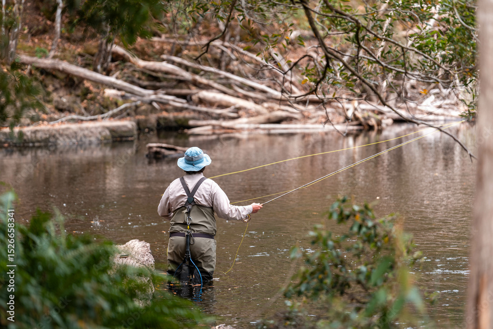 Wades and Casts in a Rural River. Tranquil Fly Fishing, Outdoor Recreation, and Leisure in the Natural Australian Countryside Wades and Casts in a Rural River. Tranquil Fly Fishing, Outdoor Recreation, and Leisure in the Natural Australian Countryside