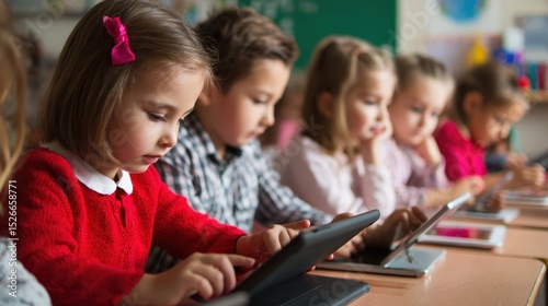 Engaging Classroom Environment with Children Using Tablets for Interactive Learning in a Modern Educational Setting
