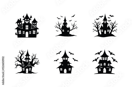 Classic haunted house with pumpkin decoration vector illustration