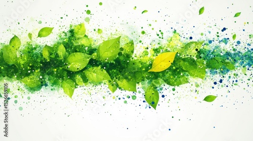 Vibrant green leaves with watercolor splashes on a white background.
