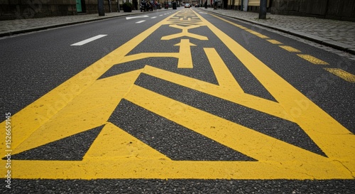 Wallpaper Mural A road with distinct yellow markings including a direction arrow and geometric patterns Torontodigital.ca