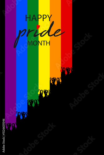 Happy pride month flag poster design for celebration of LGBT rights and parades with rainbow colors. Colorful banner template. Vector isolated on black background with copy space for your text