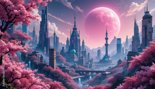 Pink Planet with Cherry Blossoms in a Futuristic Cityscape