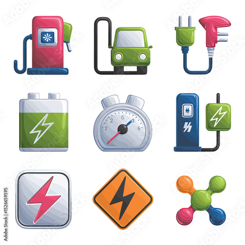 vector icons to vehicle fueling and charging a gasoline pump, an electric vehicle plug hydrogen mole