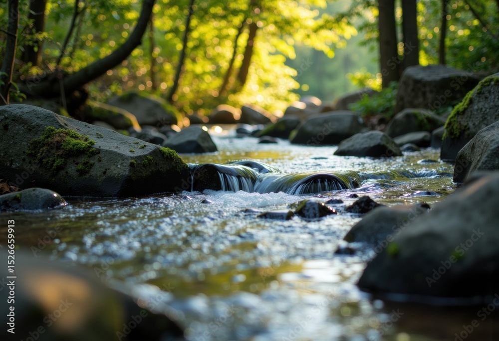 Fototapeta premium Tranquil stream flowing through a lush green forest with smooth rocks
