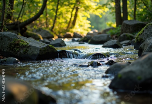 Tranquil stream flowing through a lush green forest with smooth rocks